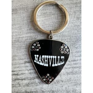 Vintage Black Rhinestone Nashville Guitar Pick Keychain Musician County Music